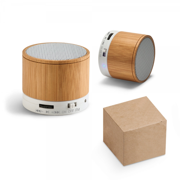 Caixa de som com microfone em bambu