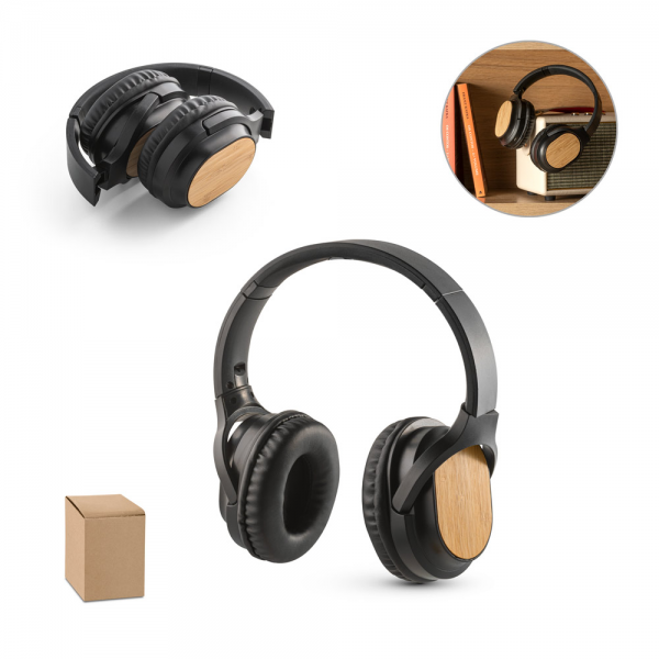 Fone de ouvido wireless em bambu e ABS